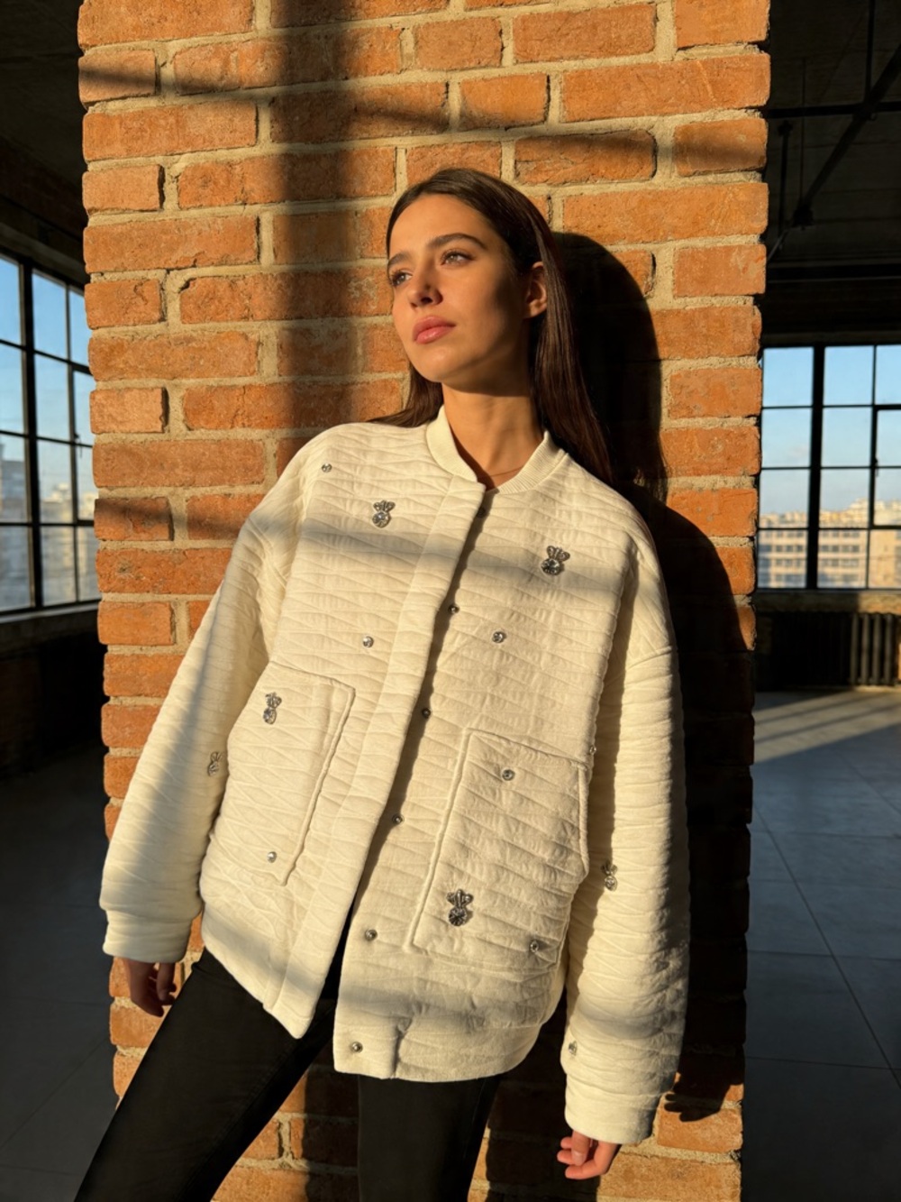 Zara Ivory Quilted Bomber Jacket with Embroidered Accents